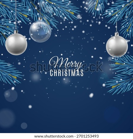 Christmas frame card. Square design template for poster. Blue conifer tree branches background. Glass silver toys decor. Failing snow. Merry xmas and happy new year. Decoration border. Vector concept