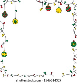 Christmas frame card tamplate with red, green, yellow garland and christmas decoration. Isolated cartoon elements. Winter holiday greeting card design. Xmas sketch drawing.