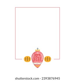 Christmas frame card. Winter season cozy poster. New Year banner template with pink tree toys. Stock vector design