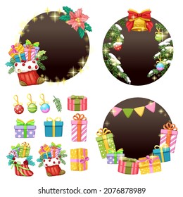 Christmas frame circle with green leaf, red berrie, gift box, flower, sock, ball, bell, leave and bow. Merry Christmas cutout element for Holiday cards, invitations and website. Vector illustration