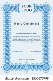 christmas frame with classic vintage ornament for diploma, certificate with winter symbols and free space for text, size A4