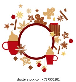 Christmas frame with coffee and gingerbread cookies.Vector  illustration. 