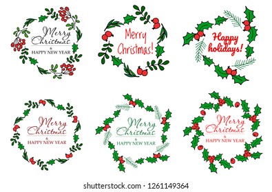 Christmas frame collection, isolated banners set, holly, tree branches, decorations, hand drawn elements, vector illustration