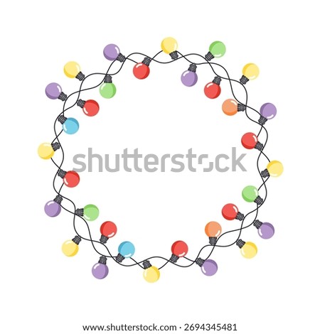 Christmas frame of colorful lights. Christmas tree lights. Decoration made of round light bulbs.