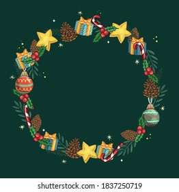 christmas frame. cones, candy canes, Christmas decoration, Christmas balls, mistletoe vector. merry christmas. new year. 2021