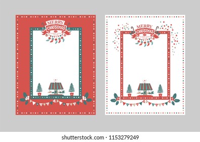 Christmas frame for congratulations, invitations, postcards. Lettering composition Merry Christmas and Happy New year on a red ribbon with Christmas tree, stockings, garland,  Carousel with horses