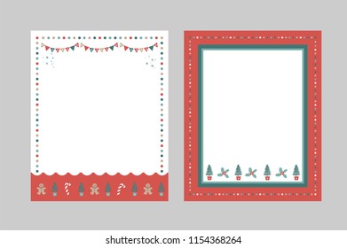 Christmas frame for congratulations, invitations, postcards. Lettering composition Merry Christmas and Happy New year on a red ribbon with Christmas tree, garland. Vector illustration