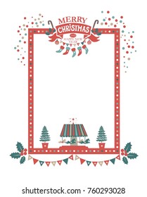 Christmas frame for congratulations, invitations, postcards. With lettering composition merry Christmas and a Happy New year on a red ribbon with Christmas decor: stockings, garland, sweets, confetti.