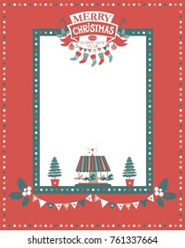 Christmas frame for congratulations, invitations, postcards. Lettering composition Merry Christmas and Happy New year on a red ribbon with Christmas tree, stockings, garland,  Carousel with horses