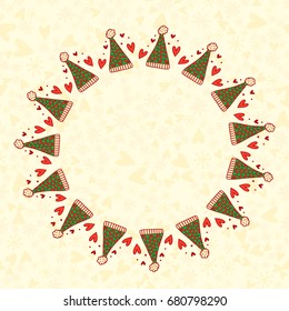 A Christmas frame for congratulations. A frame made of Christmas sweaters, scarves and hats. Beautiful design for decorating postcards and posters.