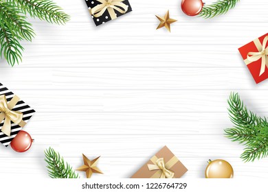Christmas frame with copy space for text on white wooden background. Vector illustration decoration with fir branches and gift. Use for greeting card, banner, web cover.