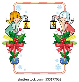 Christmas frame with cute angels. Copy space. Christmas holiday background. Vector clip art.