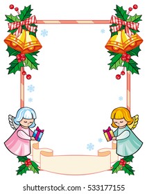 Christmas frame with cute angels. Copy space. Christmas holiday background. Vector clip art.
