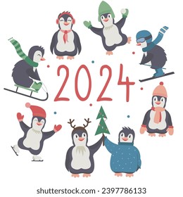 Christmas frame with cute cartoon winter penguins playing and having fun with warm clothes waiting for holidays. Winter happy little characters for decoration and greeting cards. Ready for Christmas