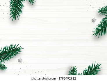 Christmas frame decor with fir tree branch, stars, confetti, isolated on white wooden background. Flat lay. Top view. Copy space. Winter holiday. Minimal style. Vector Illustration.