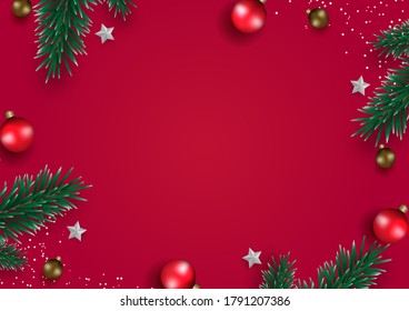 Christmas frame decor with pine tree, Christmas balls, star, and white snow flat lay isolated on red background. Xmas composition.Top view. Copy space. Minimal style. Vector illustration.