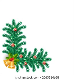 Christmas frame with decoration balls and jingle bells. Xmas frame with green leaves and red berries. Christmas frame, Christmas element, green leaves, decoration balls, red berries, star lights.