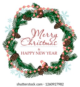 Christmas frame with decorations, celebration card, fir tree branches, holly, lettering, hand drawn elements, vector illustration