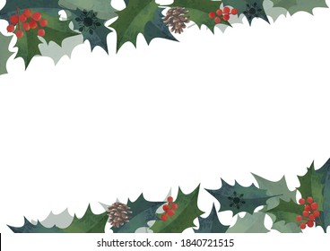 Christmas Frame. Decorative frame of holly, Up and down, diagonal decoration. Watercolor illustration. No logo (lateral length A3,A4 ratio)