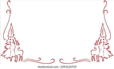 christmas frame, deer and pine fir, line art, card