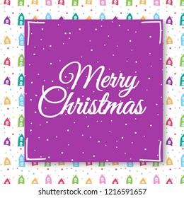 Christmas frame design with dark violet square and colorful houses and dots pattern.