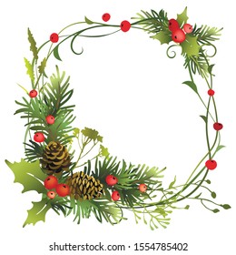 Christmas frame design with fir branches, holly berry and meadow herbs. Vector illustration.