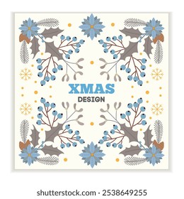 Christmas frame design template. Abstract winter floral ethnic Xmas design. Holly backgrounds with fir tree. Best for package, invitations, decoration and banners.