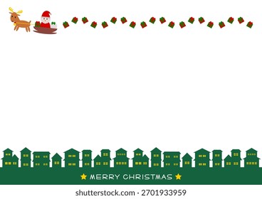 Christmas frame design. Vector illustration. Santa Claus riding a sleigh pulled by reindeer. Silhouettes of houses in a row. White background.
