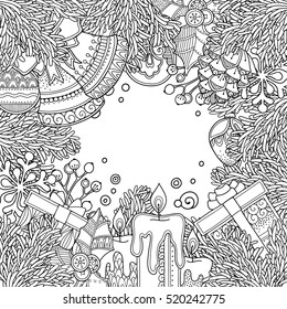 Christmas frame in doodle style. Floral, ornate, decorative, tribal, decor, Christmas tree, candles. Black and white background. Zentangle coloring book page