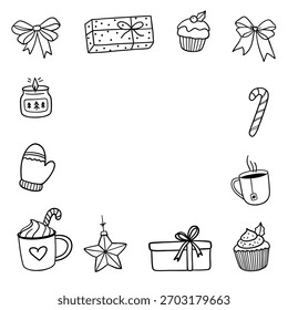 Christmas frame with doodles. Vector Christmas decorative frame, greeting card template.