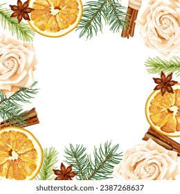 Christmas frame with dried orange and aromatic spices anise, cinnamon cloves, spruce, rose. Stock vector illustration on a white background.
