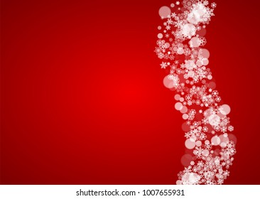 Christmas frame with falling snow on red background. Santa Claus colors. Horizontal Christmas frame with white frosty snowflakes for banners, gift cards, party invitations and special business offers.