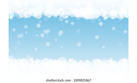 Christmas frame with falling snow on winter background with sparkles. Horizontal Christmas frame with white frosty snowflakes for banners, gift cards, party invitations and special business offers.
