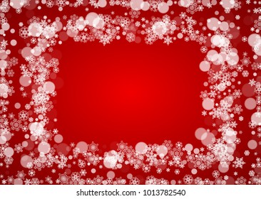 Christmas frame with falling snow on red background. Santa Claus colors. Horizontal Christmas frame with white frosty snowflakes for banners, gift cards, party invitations and special business offers.