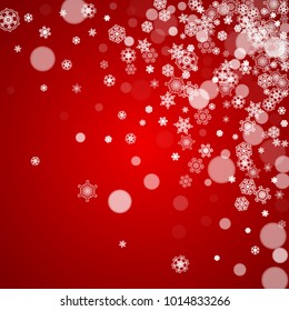 Christmas frame with falling snow on red background. Santa Claus colors. Merry Christmas frame with white frosty snowflakes for banners, gift cards, party invitations and special business offers.