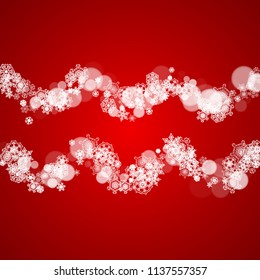 Christmas frame with falling snow on red background. Santa Claus colors. Merry Christmas frame with white frosty snowflakes for banners, gift cards, party invitations and special business offers.