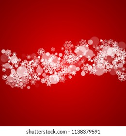 Christmas frame with falling snow on red background. Santa Claus colors. Merry Christmas frame with white frosty snowflakes for banners, gift cards, party invitations and special business offers.