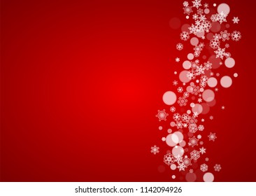Christmas frame with falling snow on red background. Santa Claus colors. Horizontal Christmas frame with white frosty snowflakes for banners, gift cards, party invitations and special business offers.