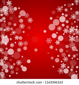 Christmas frame with falling snow on red background. Santa Claus colors. Merry Christmas frame with white frosty snowflakes for banners, gift cards, party invitations and special business offers.