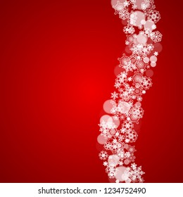 Christmas frame with falling snow on red background. Santa Claus colors. Merry Christmas frame with white frosty snowflakes for banners, gift cards, party invitations and special business offers.