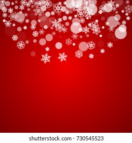 Christmas frame with falling snow on red background. Santa Claus colors. Merry Christmas frame with white frosty snowflakes for banners, gift cards, party invitations and special business offers.