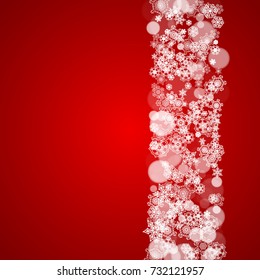 Christmas frame with falling snow on red background. Santa Claus colors. Merry Christmas frame with white frosty snowflakes for banners, gift cards, party invitations and special business offers.