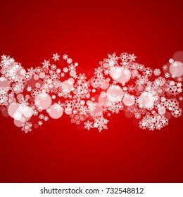 Christmas frame with falling snow on red background. Santa Claus colors. Merry Christmas frame with white frosty snowflakes for banners, gift cards, party invitations and special business offers.