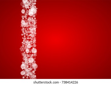 Christmas frame with falling snow on red background. Santa Claus colors. Horizontal Christmas frame with white frosty snowflakes for banners, gift cards, party invitations and special business offers.