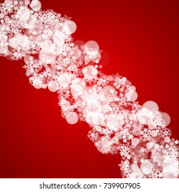 Christmas frame with falling snow on red background. Santa Claus colors. Merry Christmas frame with white frosty snowflakes for banners, gift cards, party invitations and special business offers.