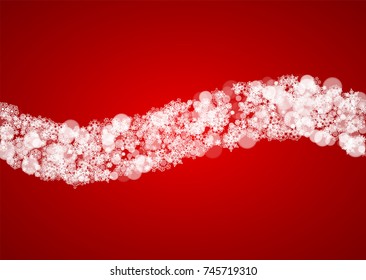Christmas frame with falling snow on red background. Santa Claus colors. Horizontal Christmas frame with white frosty snowflakes for banners, gift cards, party invitations and special business offers.