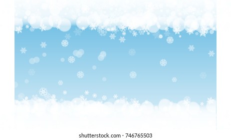Christmas frame with falling snow on winter background with sparkles. Horizontal Christmas frame with white frosty snowflakes for banners, gift cards, party invitations and special business offers.