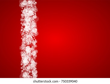 Christmas frame with falling snow on red background. Santa Claus colors. Horizontal Christmas frame with white frosty snowflakes for banners, gift cards, party invitations and special business offers.