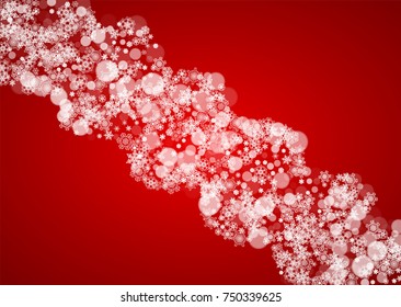 Christmas frame with falling snow on red background. Santa Claus colors. Horizontal Christmas frame with white frosty snowflakes for banners, gift cards, party invitations and special business offers.