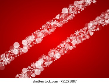 Christmas frame with falling snow on red background. Santa Claus colors. Horizontal Christmas frame with white frosty snowflakes for banners, gift cards, party invitations and special business offers.